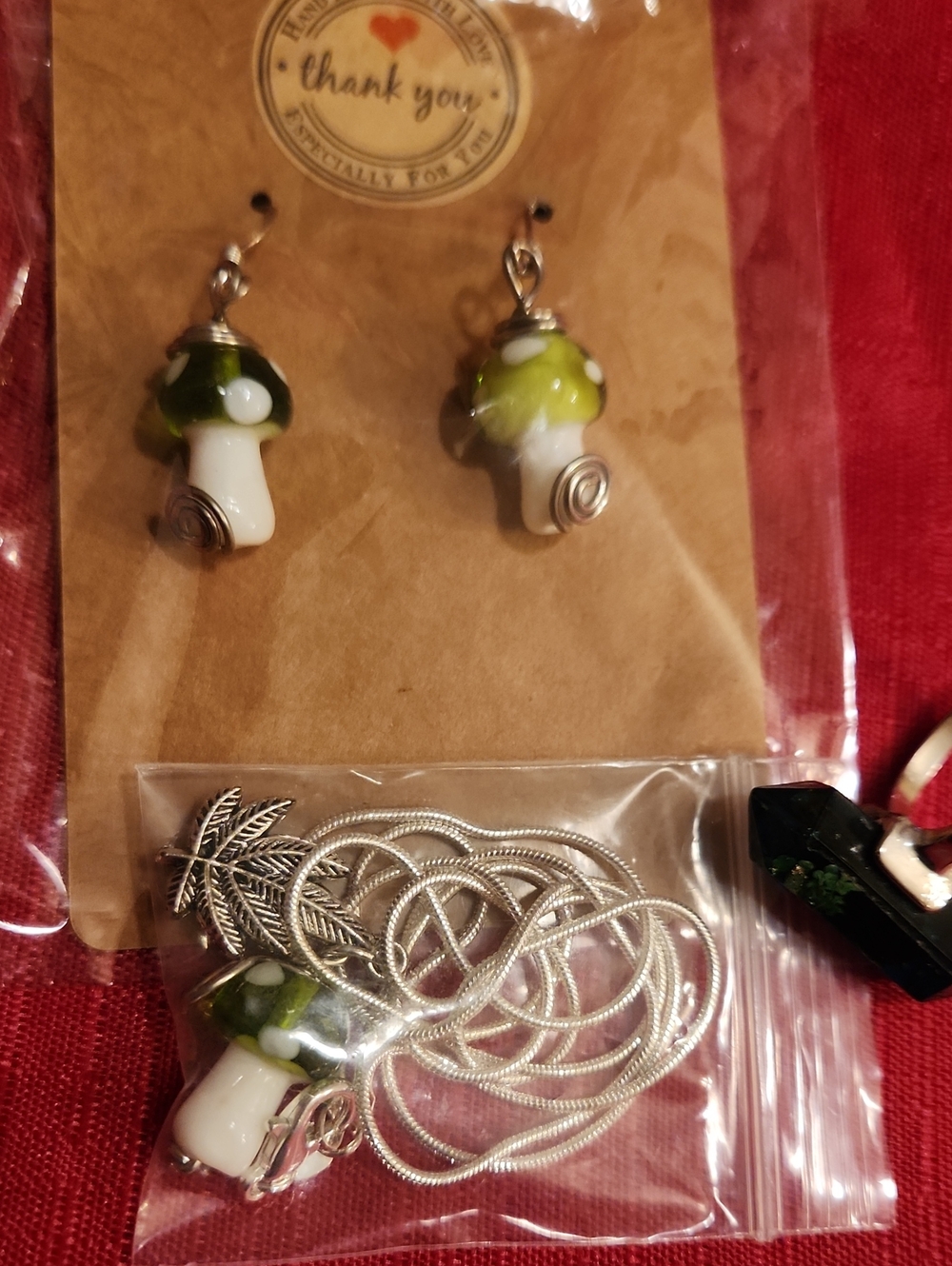 Green Mushroom Glass Drop Earrings and Pendant Set